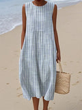 Striped Crew Neck Gathered Seam Cocoon Linen Midi Dress