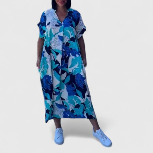 Abstract Baroque Print V Neck Short Sleeve Oversized Casual Maxi Dress