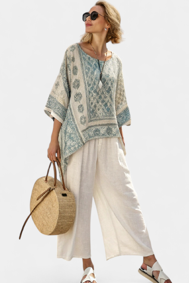 Boho Floral Block Print Batwing Blouse and Wide Leg Linen Pant Set