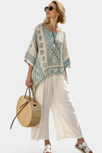 Boho Floral Block Print Batwing Blouse and Wide Leg Linen Pant Set