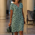 Leaf Print V Neck Short Sleeve Casual Midi Dress