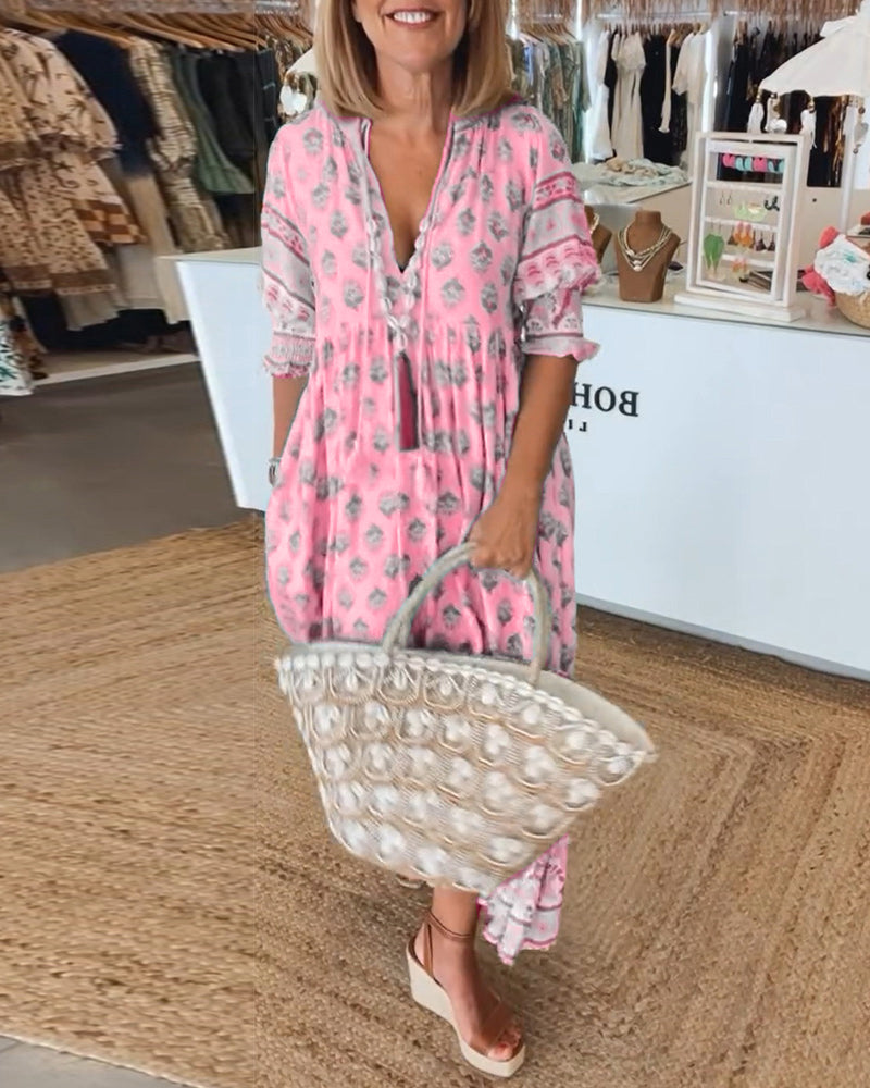 Geometric Print Tassel Tie Tiered Boho Maxi Dress