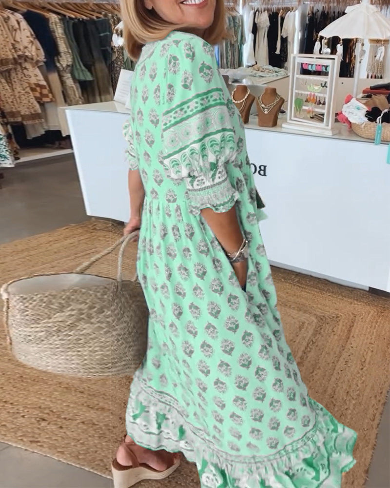 Geometric Print Tassel Tie Tiered Boho Maxi Dress
