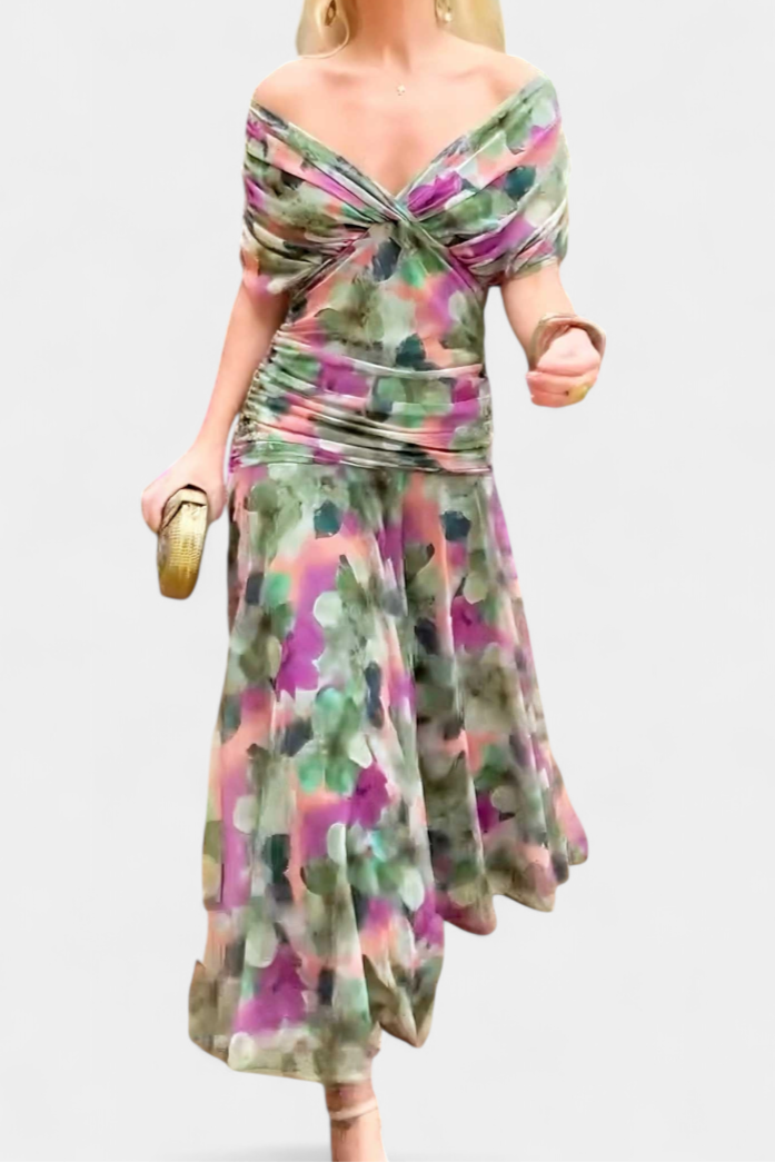 Ruched Off Shoulder Maxi Dress - Formal Evening Gown
