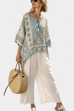 Boho Floral Block Print Batwing Blouse and Wide Leg Linen Pant Set