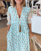 Geometric Print Tassel Tie Tiered Boho Maxi Dress