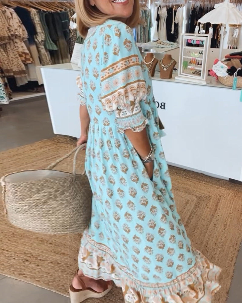Geometric Print Tassel Tie Tiered Boho Maxi Dress