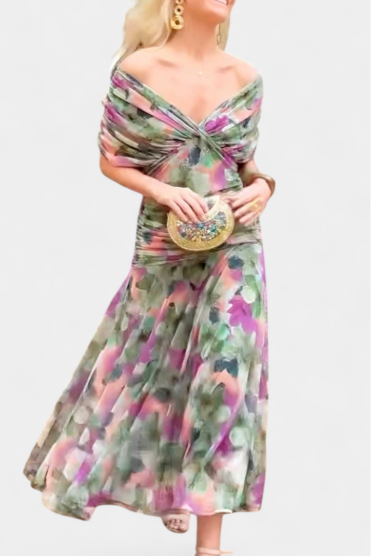 Ruched Off Shoulder Maxi Dress - Formal Evening Gown