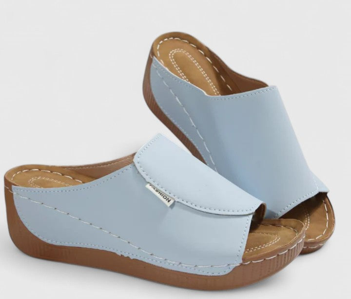 Leather Peep Toe Comfort Wedge Slide Sandal