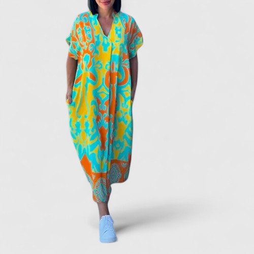 Abstract Baroque Print V Neck Short Sleeve Oversized Casual Maxi Dress