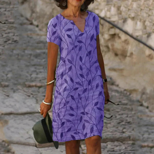 Leaf Print V Neck Short Sleeve Casual Midi Dress