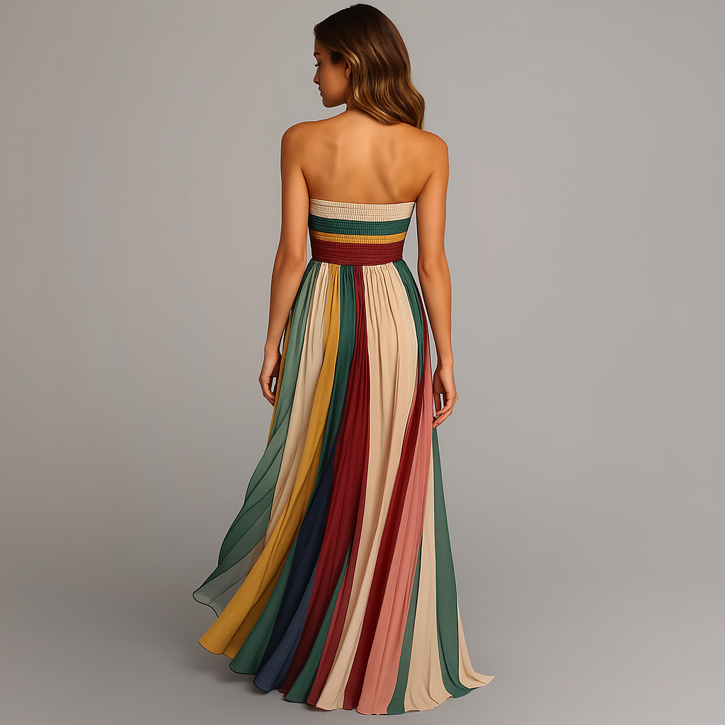 Striped Strapless Pleated Skirt Flowy Maxi Dress - Formal Evening Gown