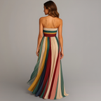Striped Strapless Pleated Skirt Flowy Maxi Dress - Formal Evening Gown