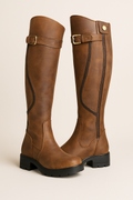 Leather Gold Buckle Strap Contrast Trim Lug Sole Knee High Riding Boot
