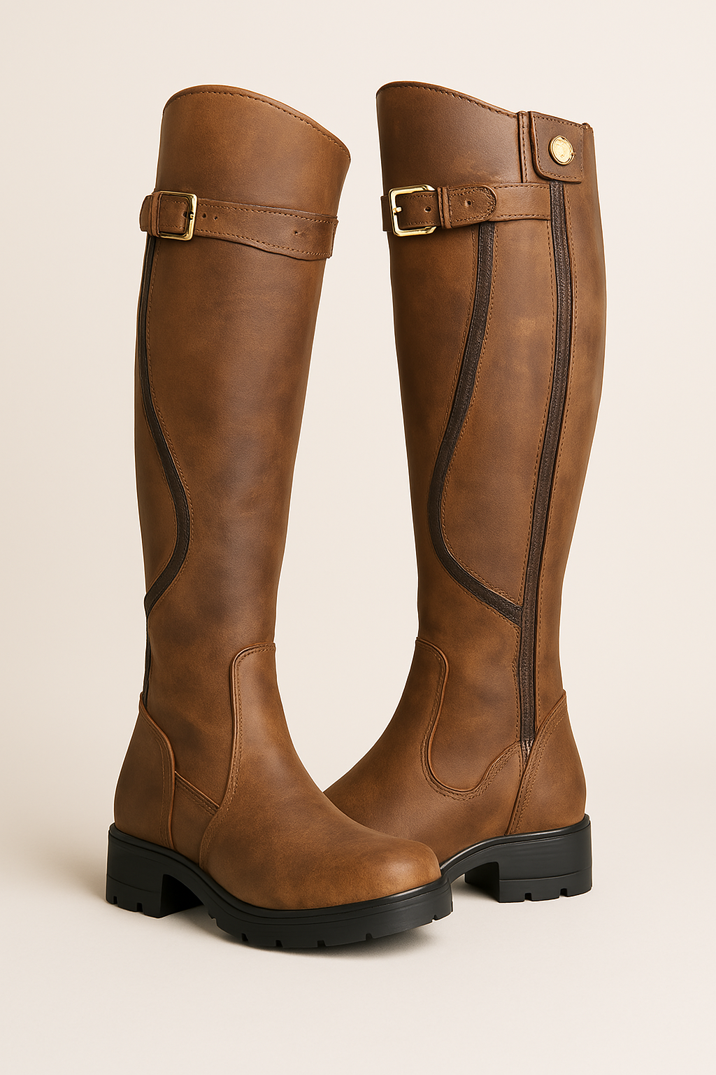 Leather Gold Buckle Strap Contrast Trim Lug Sole Knee High Riding Boot