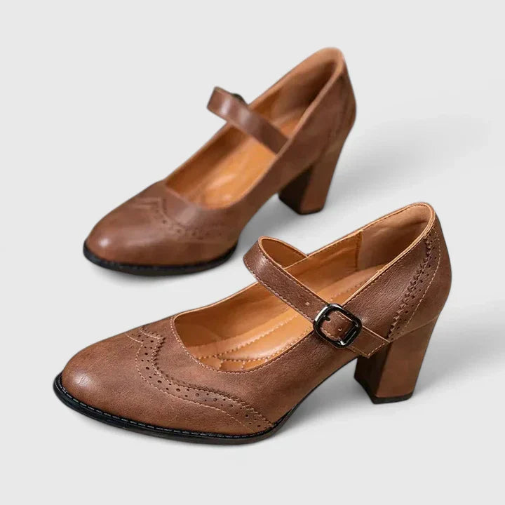 Brogue Detail Mary Jane Buckle Strap Block Heel