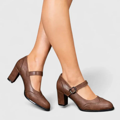 Brogue Detail Mary Jane Buckle Strap Block Heel