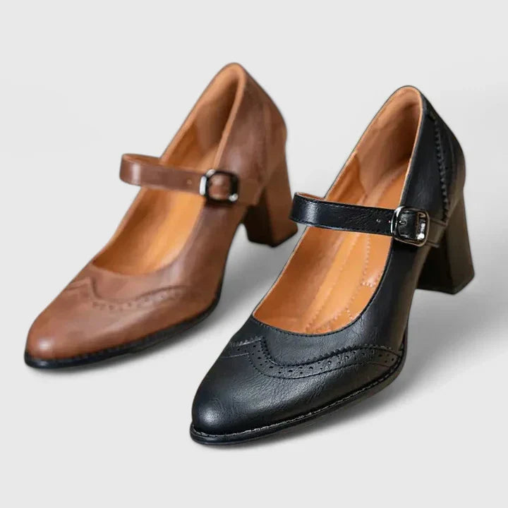 Brogue Detail Mary Jane Buckle Strap Block Heel