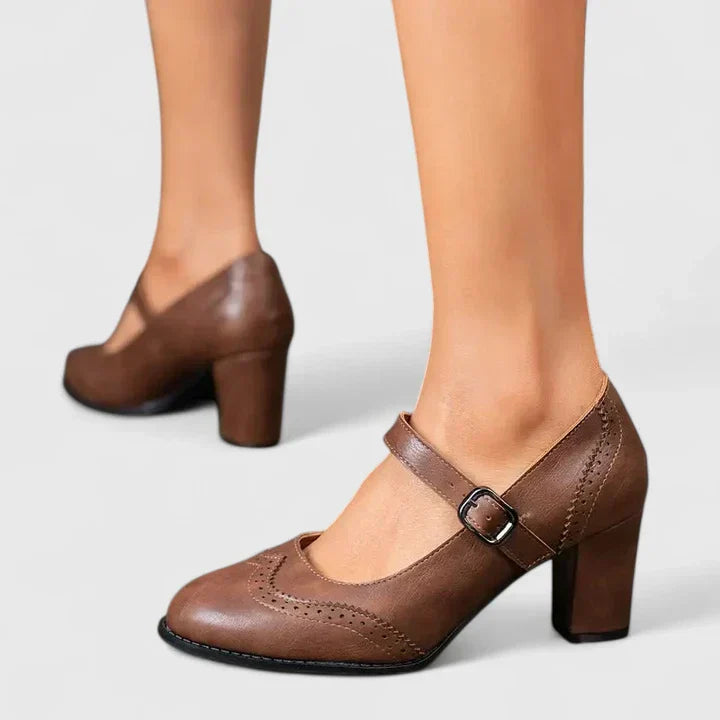 Brogue Detail Mary Jane Buckle Strap Block Heel
