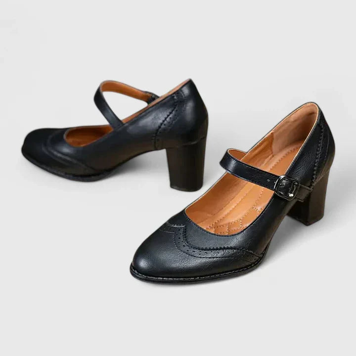 Brogue Detail Mary Jane Buckle Strap Block Heel
