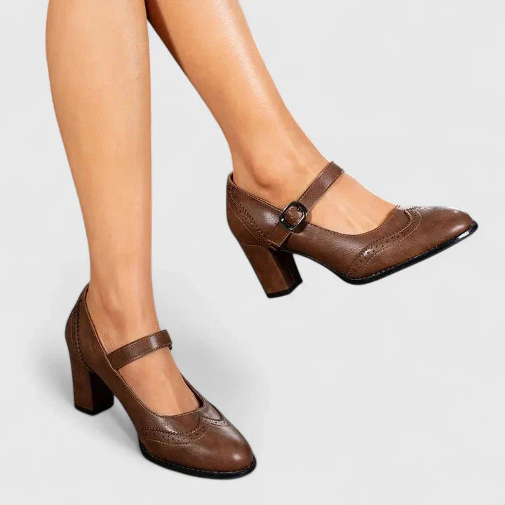 Brogue Detail Mary Jane Buckle Strap Block Heel