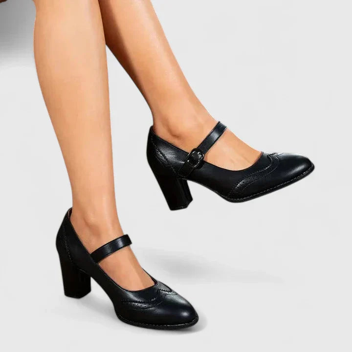 Brogue Detail Mary Jane Buckle Strap Block Heel