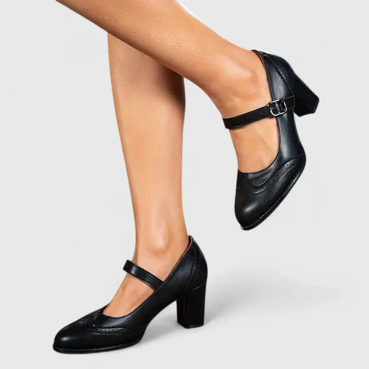 Brogue Detail Mary Jane Buckle Strap Block Heel