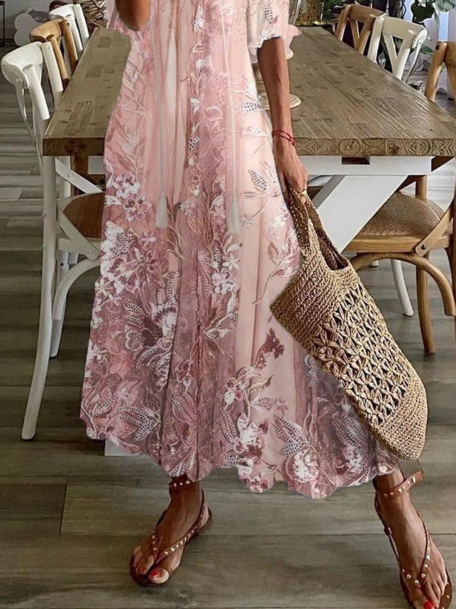 Floral Print V Neck Tassel Tie Boho Maxi Dress