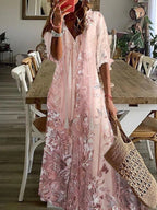 Floral Print V Neck Tassel Tie Boho Maxi Dress