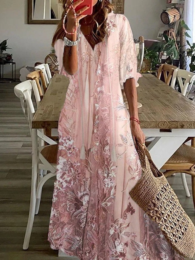 Floral Print V Neck Tassel Tie Boho Maxi Dress