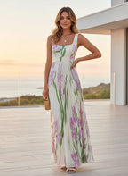Floral Pleated Square Neck Sleeveless Maxi Dress - Wedding Guest