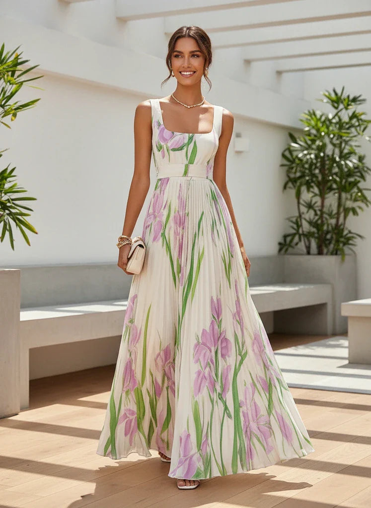 Floral Pleated Square Neck Sleeveless Maxi Dress - Wedding Guest