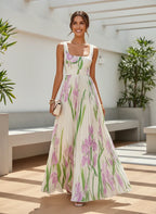 Floral Pleated Square Neck Sleeveless Maxi Dress - Wedding Guest