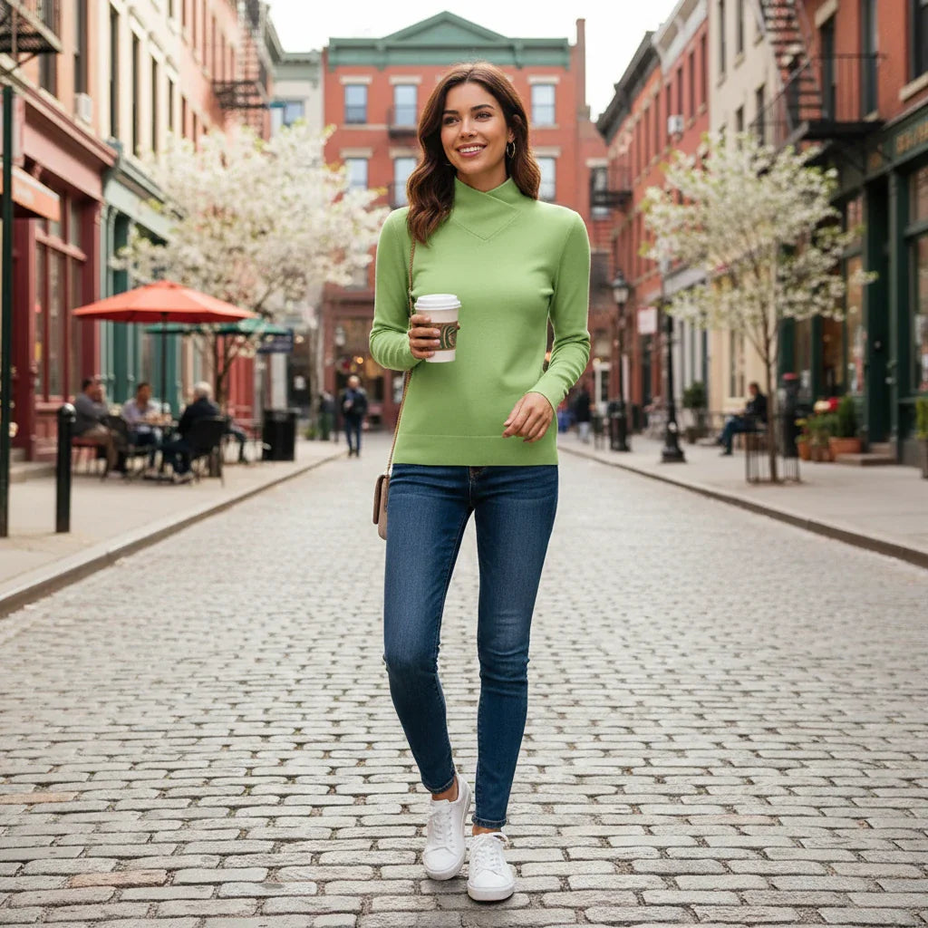 Mock Neck V Cut Long Sleeve Fitted Stretch Top