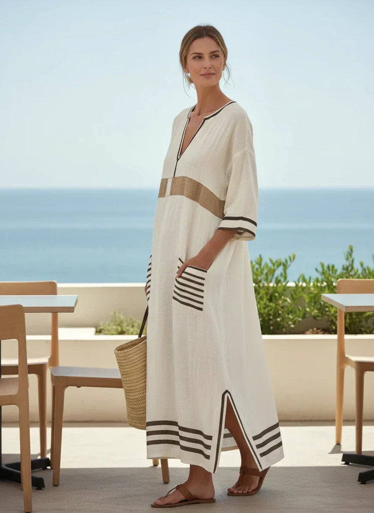 Striped Trim V-Neck Oversized Linen Beach Maxi Dress