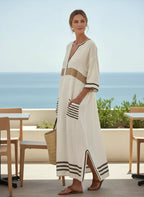 Striped Trim V-Neck Oversized Linen Beach Maxi Dress