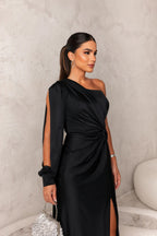 Satin One Shoulder Ruched Split Maxi Dress - Formal Evening Gown