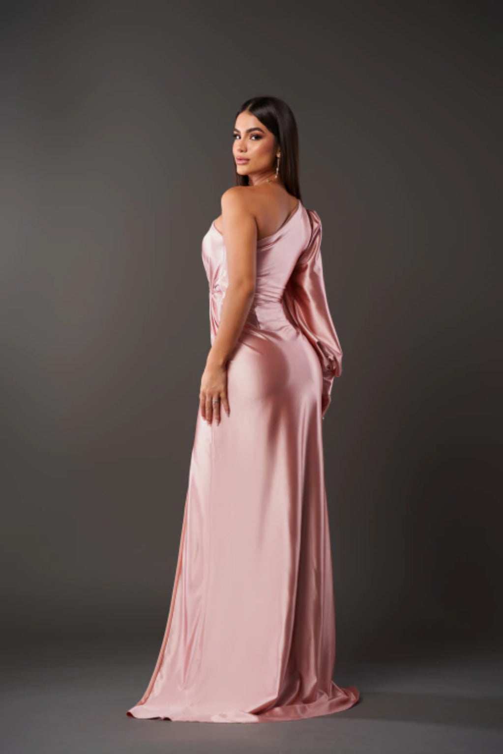 Satin One Shoulder Ruched Split Maxi Dress - Formal Evening Gown