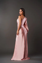 Satin One Shoulder Ruched Split Maxi Dress - Formal Evening Gown