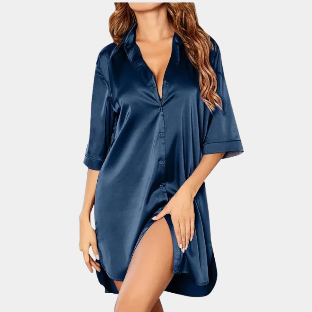 Satin Button Down Oversized Half Sleeve Sleep Shirt Mini Dress