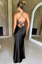 Satin Cowl Neck Strappy Split Maxi Dress - Formal Evening Gown