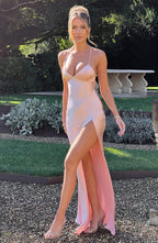 Satin Cowl Neck Strappy Split Maxi Dress - Formal Evening Gown