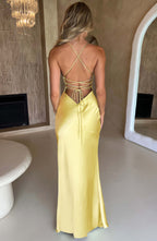Satin Cowl Neck Strappy Split Maxi Dress - Formal Evening Gown