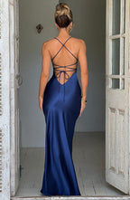Satin Cowl Neck Strappy Split Maxi Dress - Formal Evening Gown