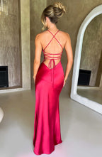 Satin Cowl Neck Strappy Split Maxi Dress - Formal Evening Gown