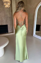Satin Cowl Neck Strappy Split Maxi Dress - Formal Evening Gown