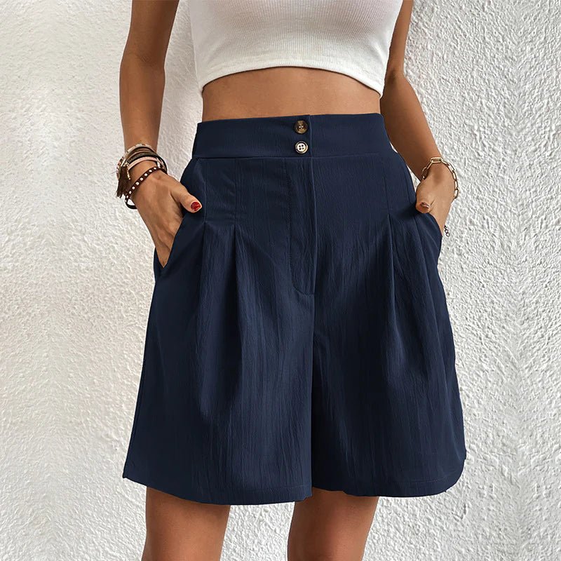 High Waist Double Button Pleated Wide Leg Casual Short