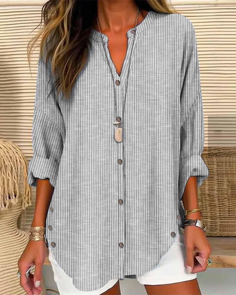 Striped Linen Stand Collar Roll Tab Sleeve Oversized Casual Blouse
