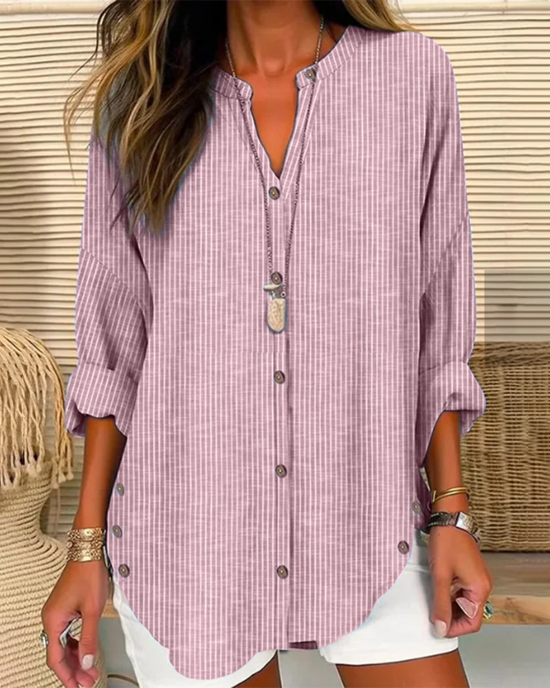 Striped Linen Stand Collar Roll Tab Sleeve Oversized Casual Blouse
