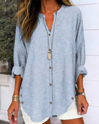 Striped Linen Stand Collar Roll Tab Sleeve Oversized Casual Blouse